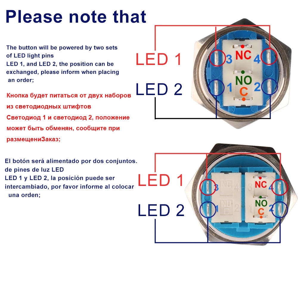 16mm 19mm 22mm double colors LED Metal Push Button Switch Waterproof Lamp Doorbell Car Momentary Latching 12V 24V without socket