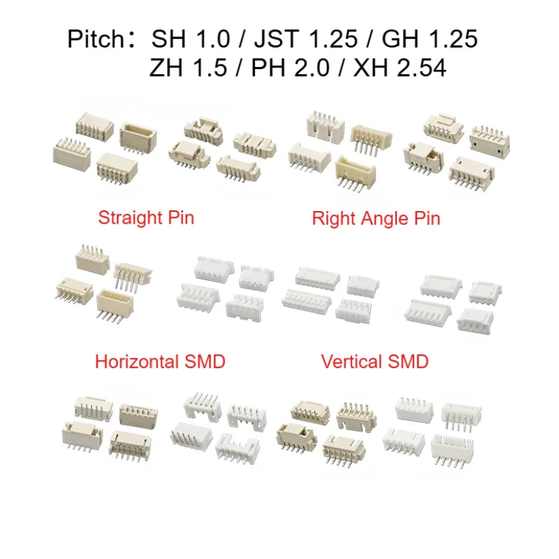 10PCS 1.0 1.25 1.5 2.0 2.54 SH/JST/ZH/PH/XH 1.0MM 1.25MM 2.0MM 2.54MM Male Pin Header Socket Dip/Right Angle SMD 2/3/4/5-9P Pin