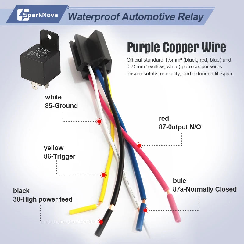 12V 40A 5 Pin Waterproof Automotive Relay with Socket Wire Harness for Car Truck Boat Marine ATV