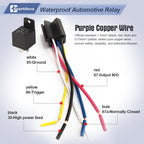 12V 40A 5 Pin Waterproof Automotive Relay with Socket Wire Harness for Car Truck Boat Marine ATV