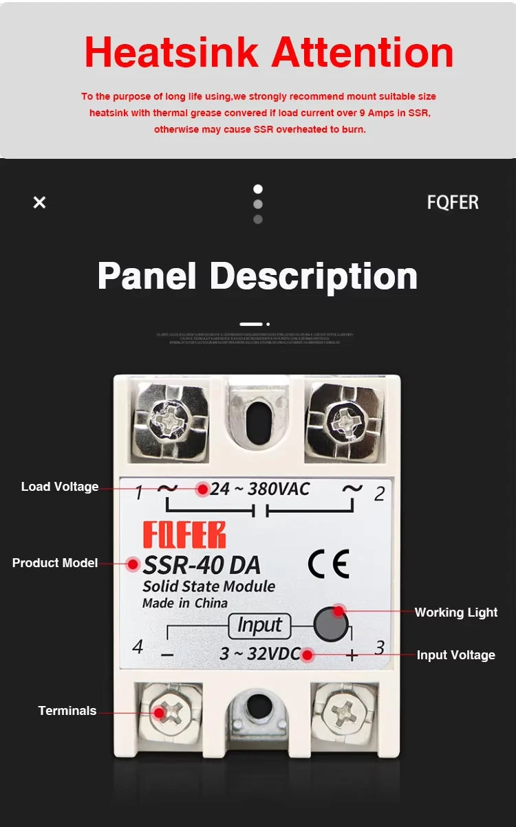 10A SSR 25A Solid State Relay 40A Output 3-32VDC 24-480VAC 220V Single Phase DC TO AC 40A Relay SSR HeatSink SSR 40DA