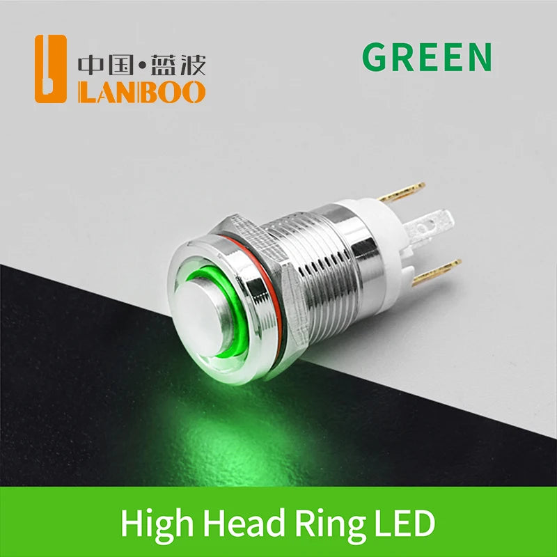 LANBOO 12E 7A High Current 4 Pin Switch Waterproof IP65 Latching or Momentary Micro Metal Push Button Switch with LED 24V220V
