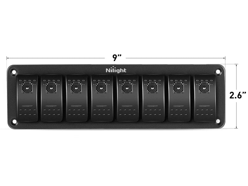 Nilight 8 Gang Rocker Switch Panel 5Pin On Off Toggle Aluminum Holder 12V 24V Dash Pre-Wired Red Backlit Switches for Automotive Cars Marine Boats RVs Truck