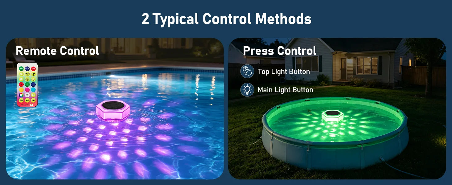 Solar Pool Lights 1/2 Pack, RGB Changing Floating Pool Lights with 10m Remote Control, 4 Dimming, 13 Lighting, Timing Mode, IP68 Waterproof for Inground/Above Ground Pool, Party Decoration