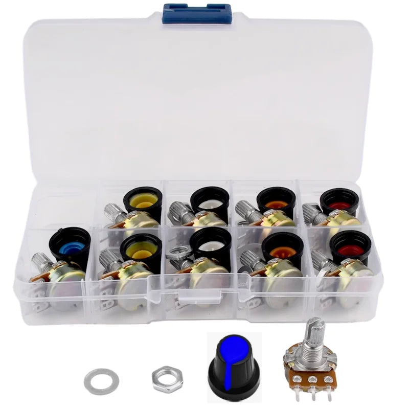 10 Sets 15MM WH148 Knurled Shaft 3 Terminals Linear Taper Rotary Potentiometer Assortment Kit B1K 2K 5K 10K 20K 50K 100K 250K 50