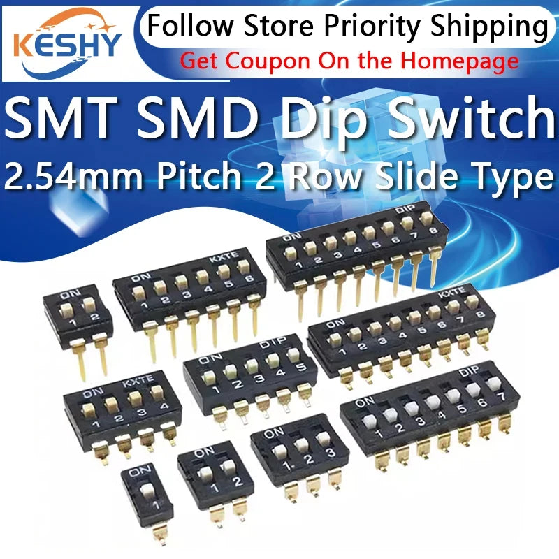 10pcs/lot Slide Type SMT SMD Dip Switch, 2.54mm Pitch 2 Row 4 Pin 2 Position / 8 pin 4 Position / 16 pin 8 Position