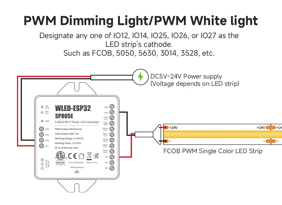 SP805E ESP32 WLED Controller WiFi Music LED Controller for Addressable WS2811 WS2812 WS2814 WS2815 SK6812 PWM CCT RGB Cob Strips