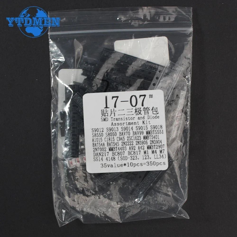 350PCS Diode Transistor Assorted Kit 1N4148 M1 M7 S9012 S9013 S9014 S9015 S9018 S8550 S8050 2N2222 2N3904 SOT-23 PNP/NPN