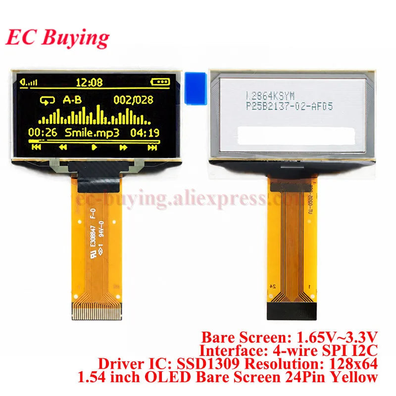 1.54 inch OLED Module 1.54” Display LCD Screen Resolution 12864 128x64 SSD1309 Driver Blue White Yellow 4Pin/7Pin IIC Interface