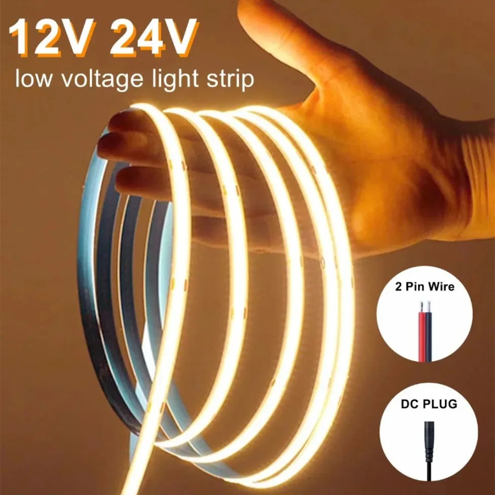 8mm Ultra Thin COB LED Strip DC12V/24V 0.5m-5m Flexible Tape with DC Plug 2pin Wire for Bedroom Living Room Cabinet Party Decor