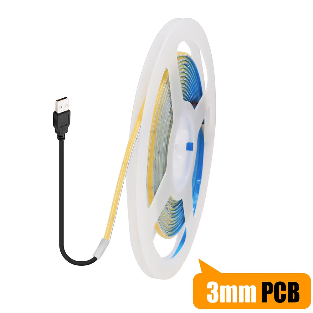 5V USB 3MM 5MM PCB COB LED Strip Light White/Red/Green/Pink/Ice Blue/Yellow TV Backlights DC5V 320Led Flex Night Lamp Home Decor