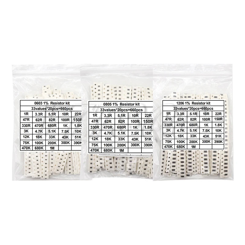 0402 0603 0805 1206 1210 2512 1% 5% 200pcs 660pcs 720pcs 4000pcs smd resistor kit assorted kit 10k 100k 1k 1r 100r 220r 1% 5%