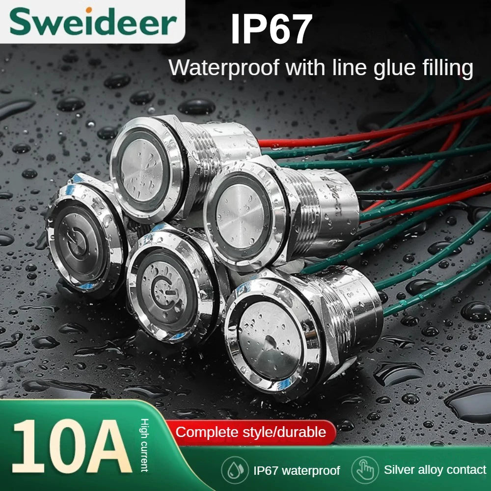 16/19/22mm IP67 Waterproof Metal Push Button Switch 10A High Current LED Light Momentary Latching Outdoor Power Switch Red Green