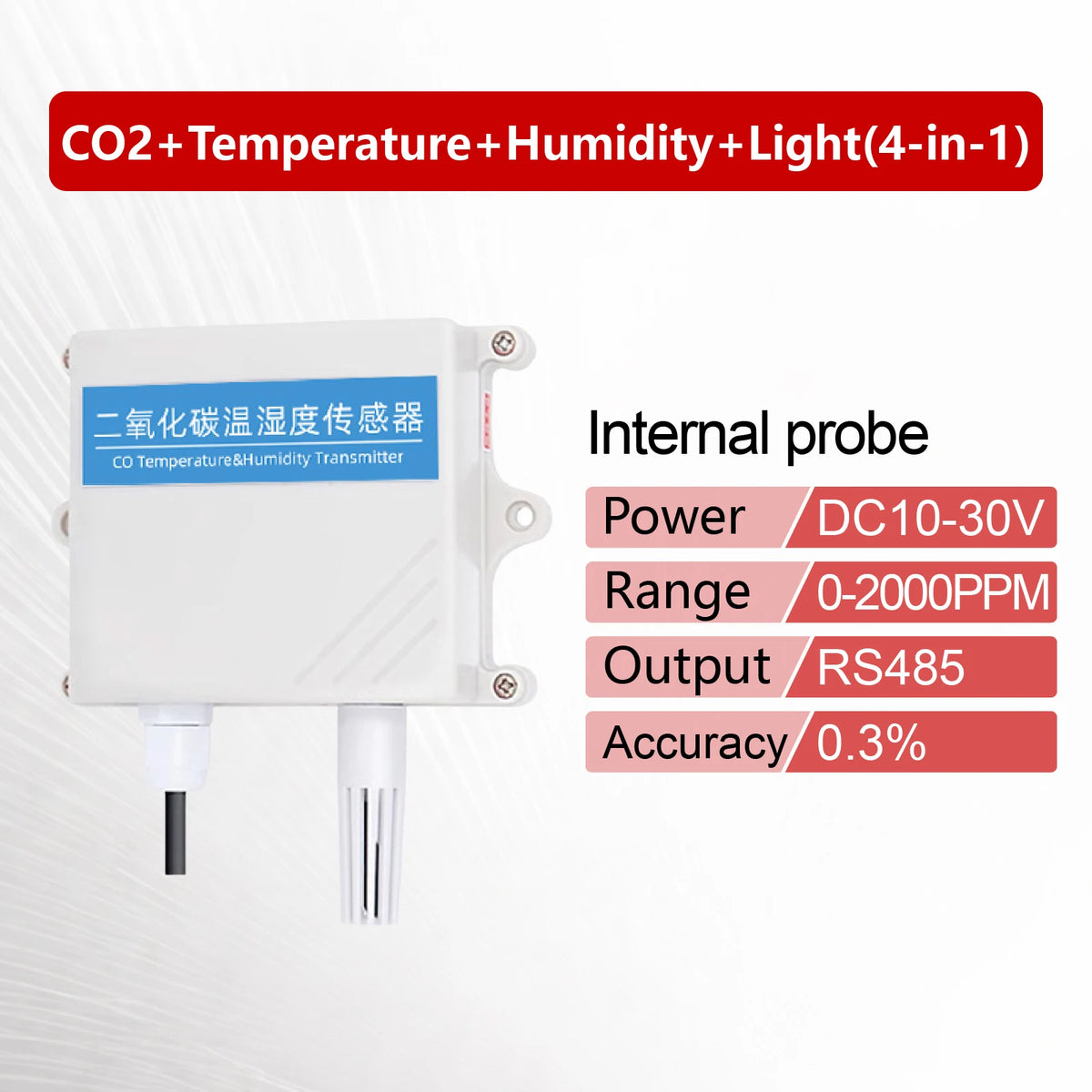 QT-10 CO2 Transmitter NDIR Carbon Dioxide Sensor RS485 4-20mA 0-5V 0-10V 10-30VDC IP65 for Greenhouse HVAC Factory