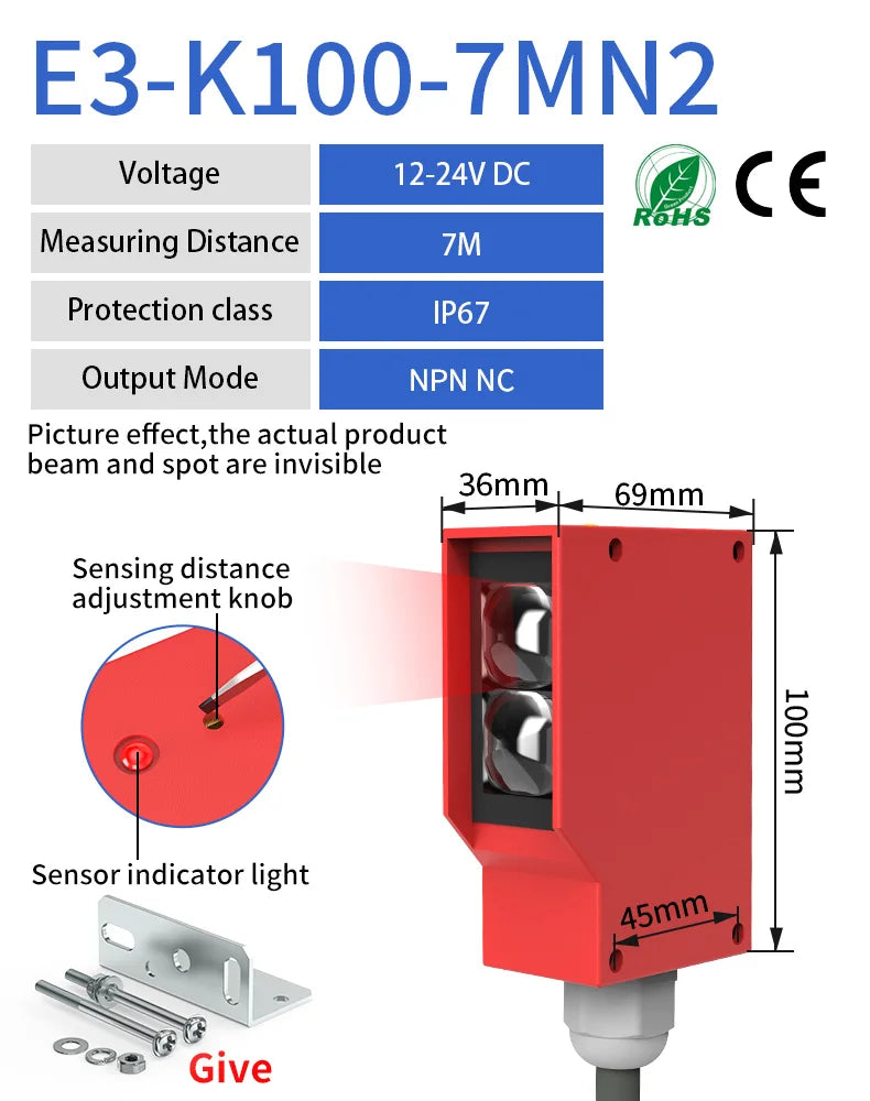 GTRIC Square Photoelectric Sensor Optic Infrared Switch Diffuse Reflection IP67 Waterproof 24-220V AC DC Universal 7m Distance