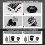 FILN 2Pcs 22mm Symbol Push Button Switch 20A IP67 Waterproof Latching Momentary Marine Switches 185 Replacement Symbols 5V-24V