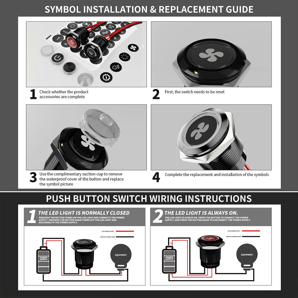 FILN 2Pcs 22mm Symbol Push Button Switch 20A IP67 Waterproof Latching Momentary Marine Switches 185 Replacement Symbols 5V-24V