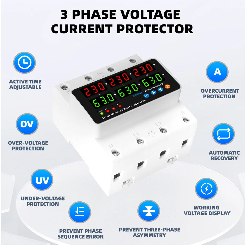 3 Phase Din Rail Voltmeter Ammeter Adjustable Over Under Voltage Current Limit Protection Monitor Relays Protector 63A 100A
