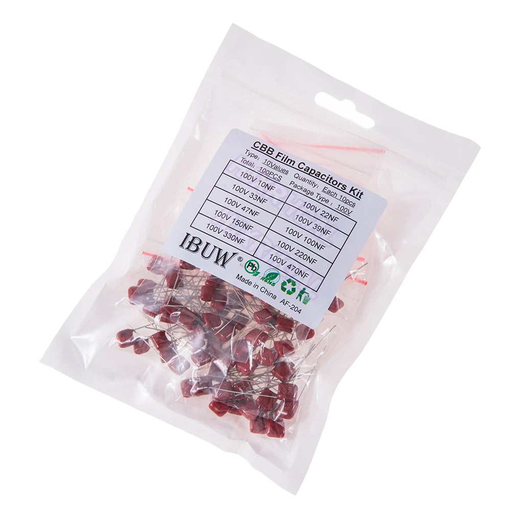 KIT 100PC=10value*10PCS Metallized Polyester Film Capacitors CBB Assortment Kit 100V 10nF ~ 470nF