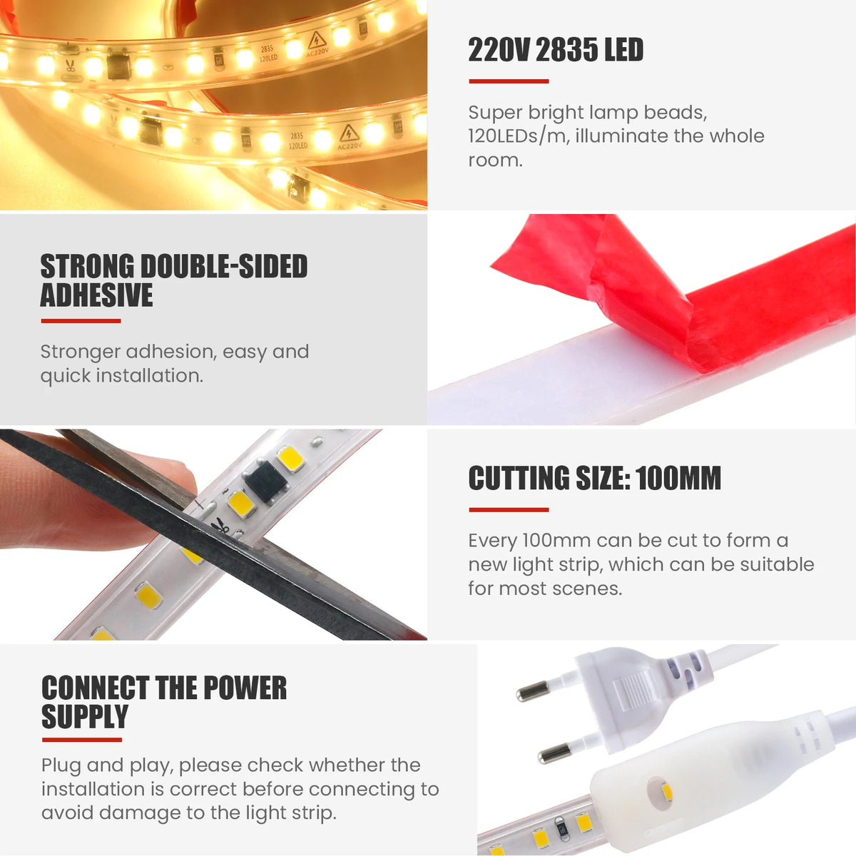 220V LED Strip 2835 120LEDs/m Waterproof 0.5M 5M 10M 20M 30M 40M Flexible Lamp Adhesive Tape White Red Green Ice Blue Pink