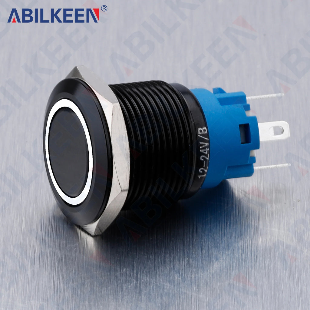 ABILKEEN 19mm Black Shell Push Button Switch LED Ring Illuminate Momentary/Latching Function 1NO1NC IP65 Waterproof Push Button