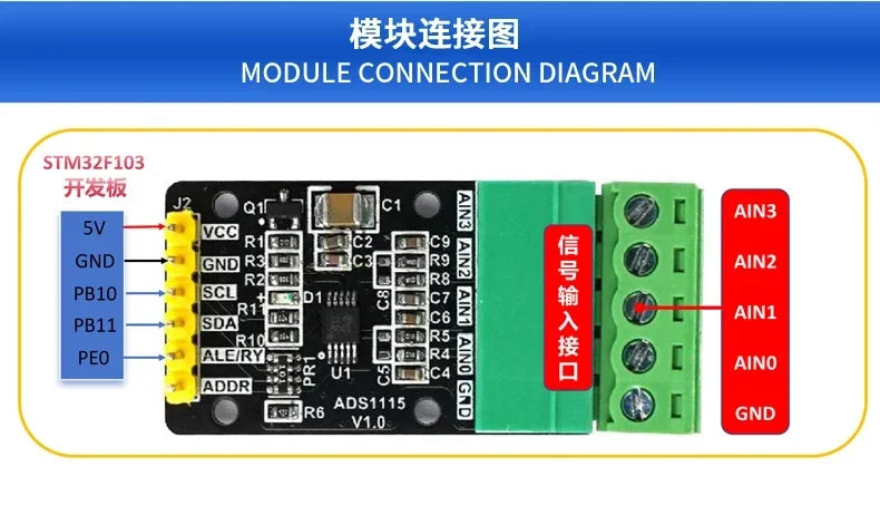 ADS1115 16-Bit 4-Channel I2C ADC Module, High Precision for Sensor Voltage Measurement