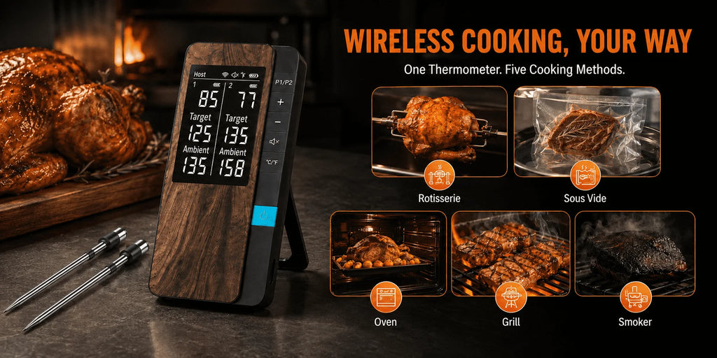 Wireless Meat Thermometer Digital Bluetooth Probe Thermometer Rechargeable with LCD Screen & Mobile APP for BBQ Oven Rotisserie
