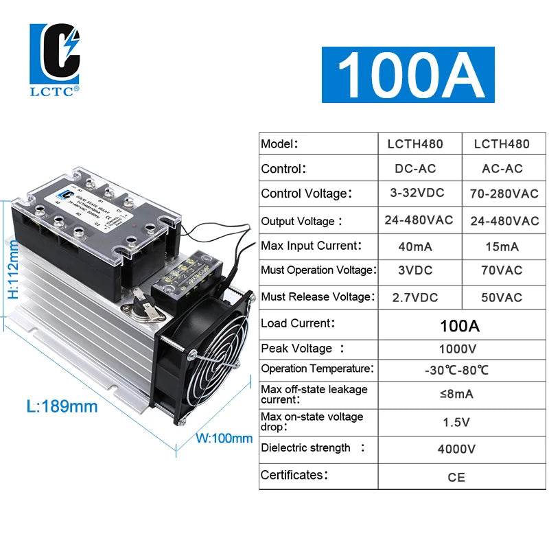 LCTC Three Phase Solid State Relay SSR Zero Cross 3-phase Load Relay 3-32VDC Control With Radiator 380V10A 25A 40A 60A 80A 100A
