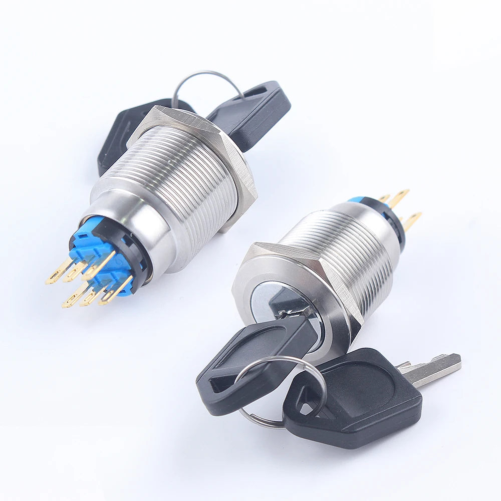 2/3 Positions Rotary Buttons 16/19/22mm Metal Brass Chrome Key Push Selector Switch 2NO2NC Press Without LED 2 keys