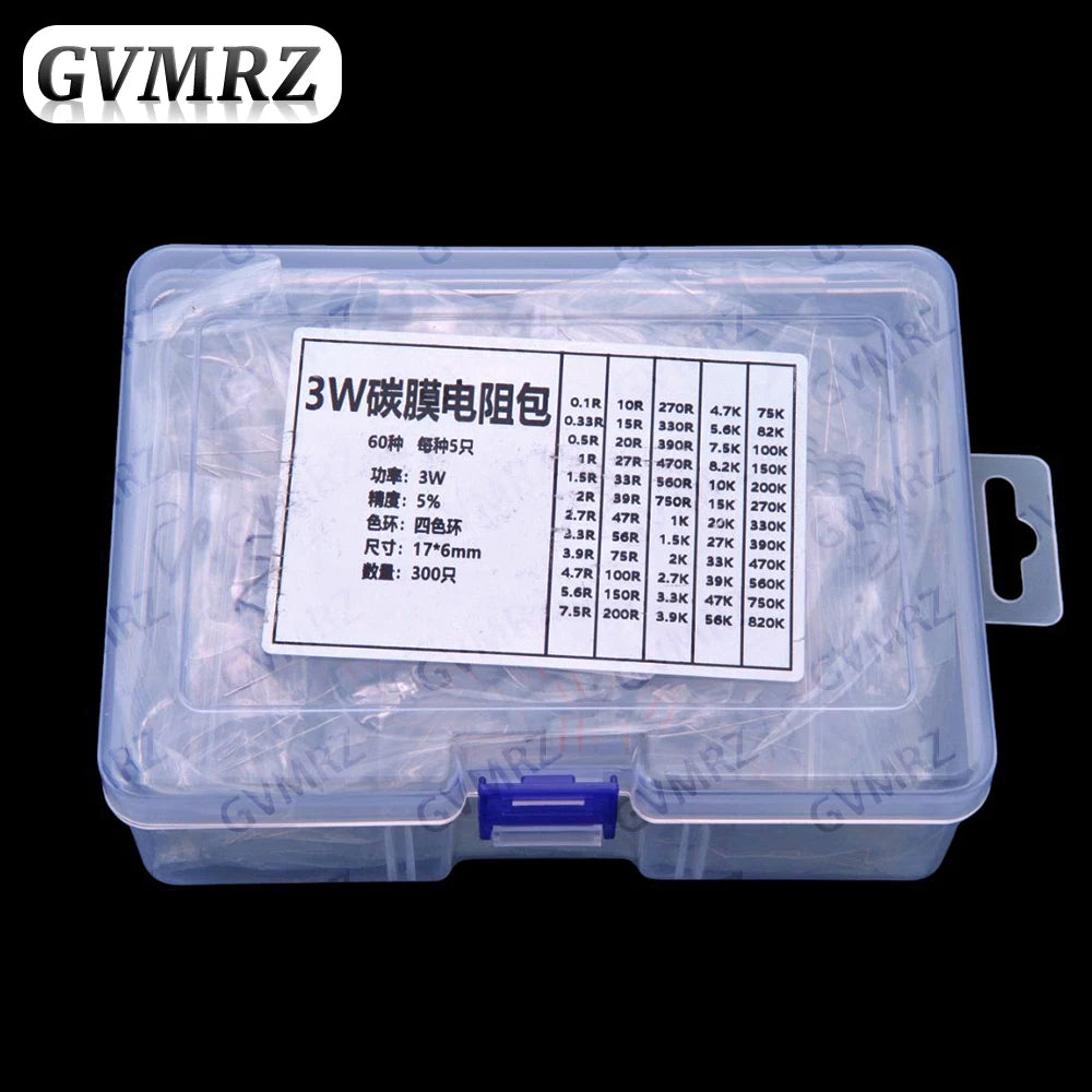60Values 1W 2W 3W 5W 5% Carbon film resistors kit dip 0.1R 100R 200R 300R 1K 2K 3K Resistor  3W 5W 0.1R-3K