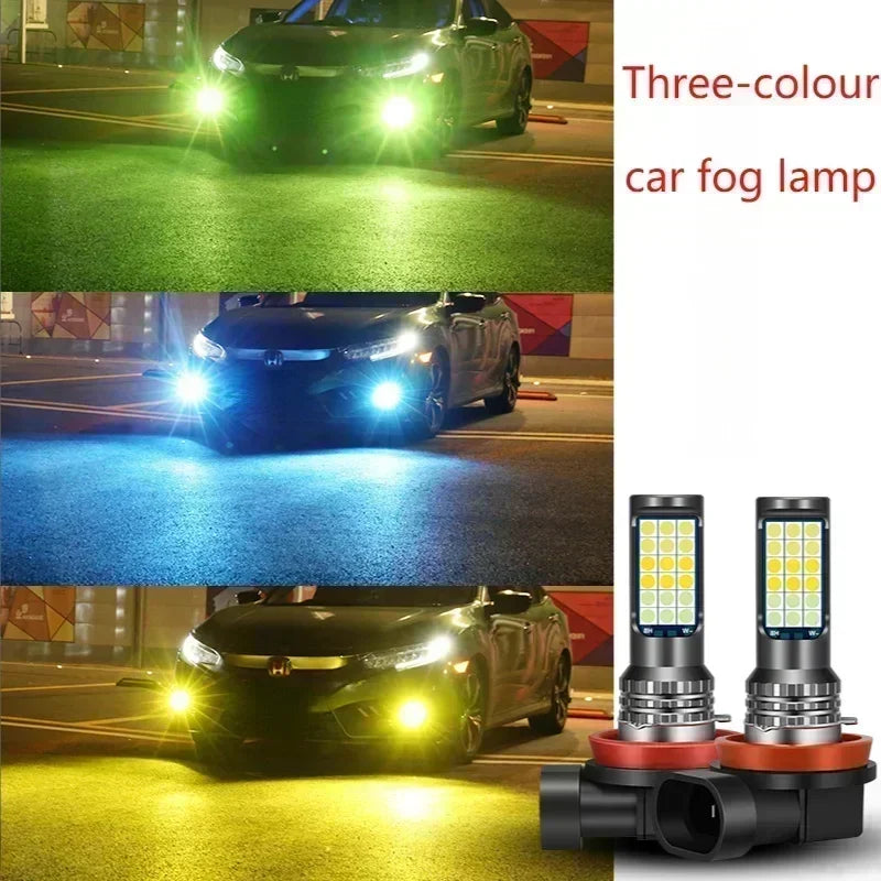 Car Led Fog Lamp with Flashing 3030 Three-Color Fog Lamp Bulb Red Green Pink Blue Super Bright H3 H8 H11 9006 9005 H7 Modified