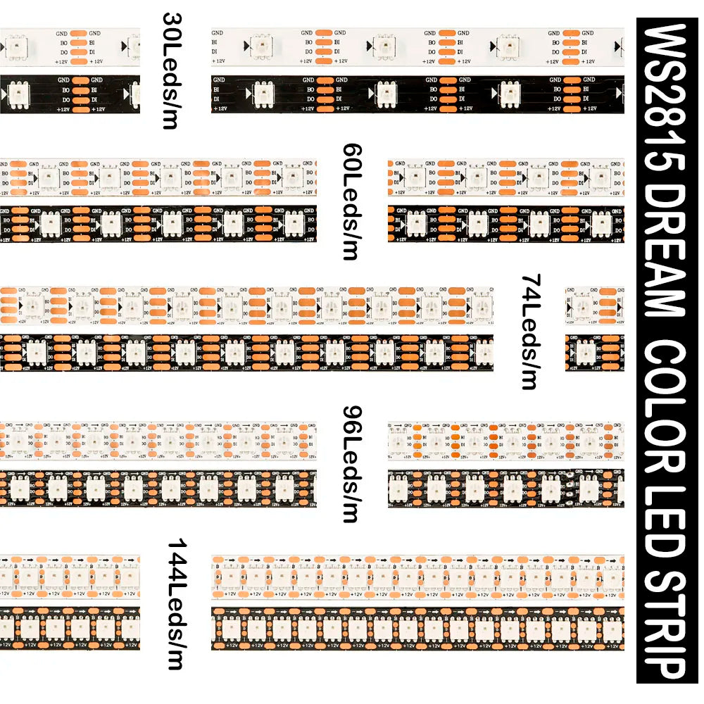DC12V WS2815 5050 Dual-Signal RGB LED Strip WS2812B 30/60/74/96/144Leds/Pixels/m Individually Addressable LED Lights IP30 65 67