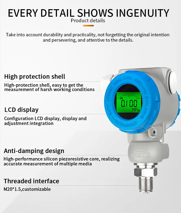 LCD Digital Display Pressure Sensor 0.1bar 1Mpa 1000psi 12-36VDC 4-20mA RS485 Output Pressure Transmitter for Water Gas Oil