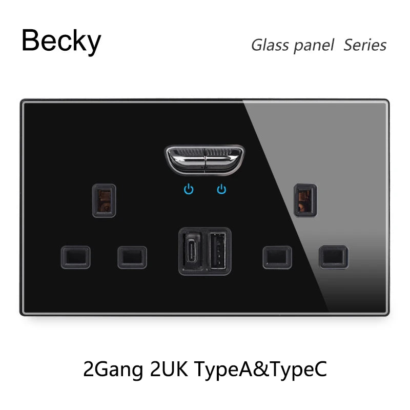 146 13a Reset Toggle Tempered Glass 2Gang UK Socket Switch Combination Panel Power Socket Office Hotel Home Villa Decoration