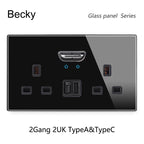 146 13a Reset Toggle Tempered Glass 2Gang UK Socket Switch Combination Panel Power Socket Office Hotel Home Villa Decoration