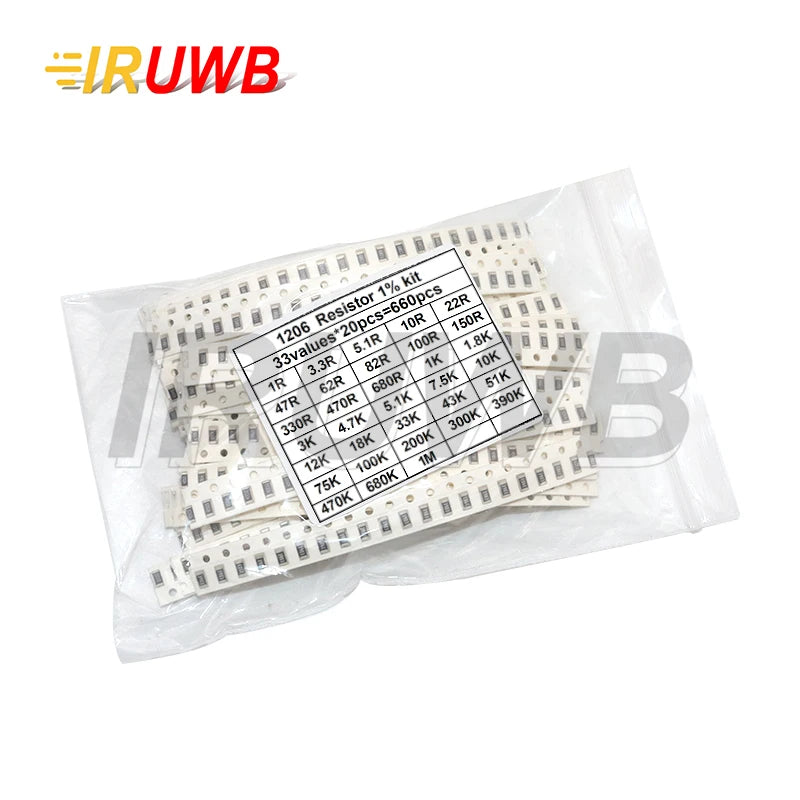 660pcs=1206 33valuesX 20pcs 0805 0603 0402 0201 SMD Resistor Sample Assorted Kit 1ohm-1M ohm 1%