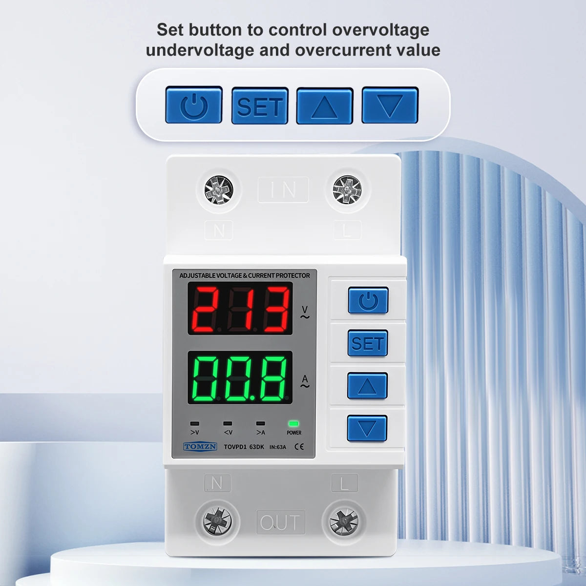 TOMZN TOVPD1-63DK Isolate L N 110V 230V AC Din Rail OVP OCP UVP Voltage Protector 63A Relay Automatic Adjustable Delay-ON