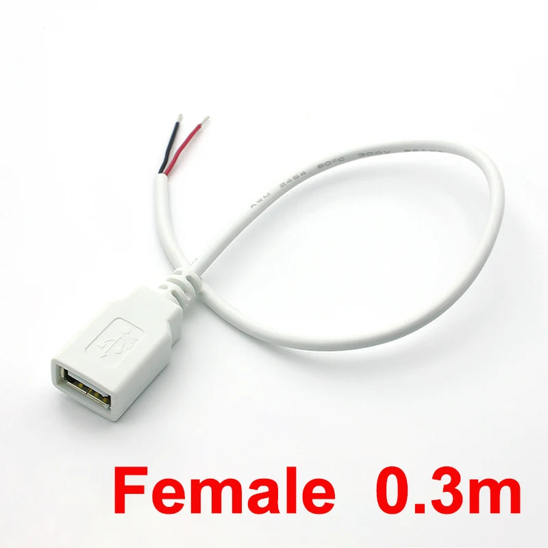 0.3m/1m/2m USB Power Supply Cable 2 Pin USB 2.0 A Female Male Charger Charging Cord Extension Connector DIY White Wire