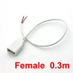 0.3m/1m/2m USB Power Supply Cable 2 Pin USB 2.0 A Female Male Charger Charging Cord Extension Connector DIY White Wire