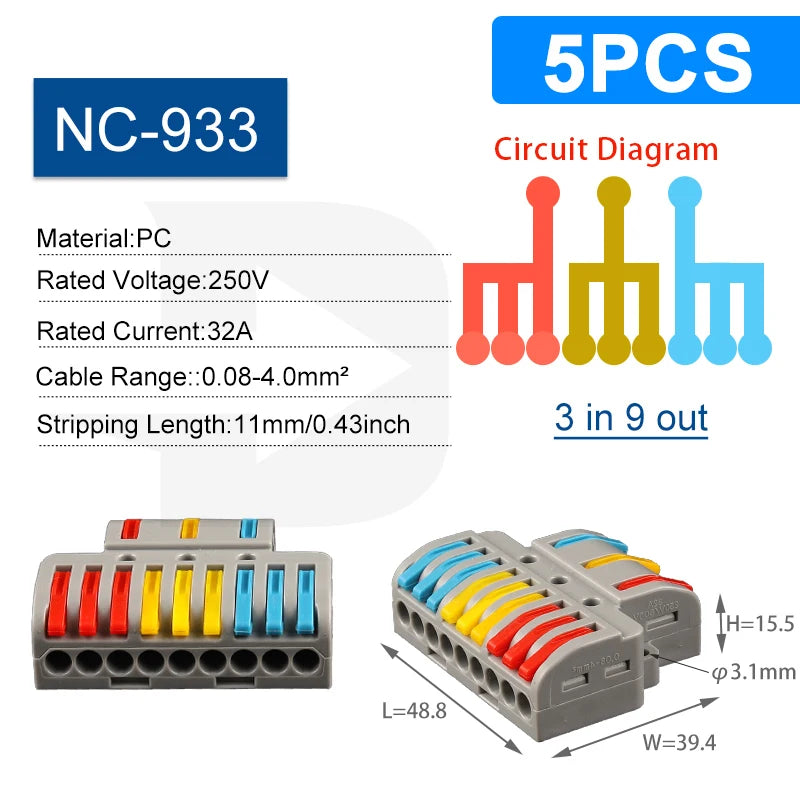 5PCS Wire Connector Multicolour Lever Push-in Electrical Cable Home Connectors LED Junction Box Universal Compact Terminal Block