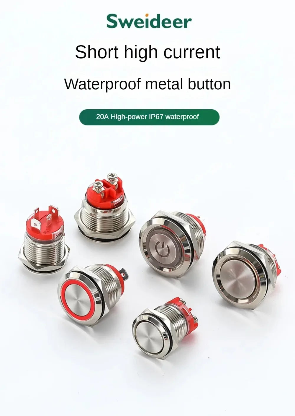 16/19/22mm 20A High Current Metal Push Button Switch IP67 Waterproof LED Light Momentary Latching Car Engine Power Switch Red