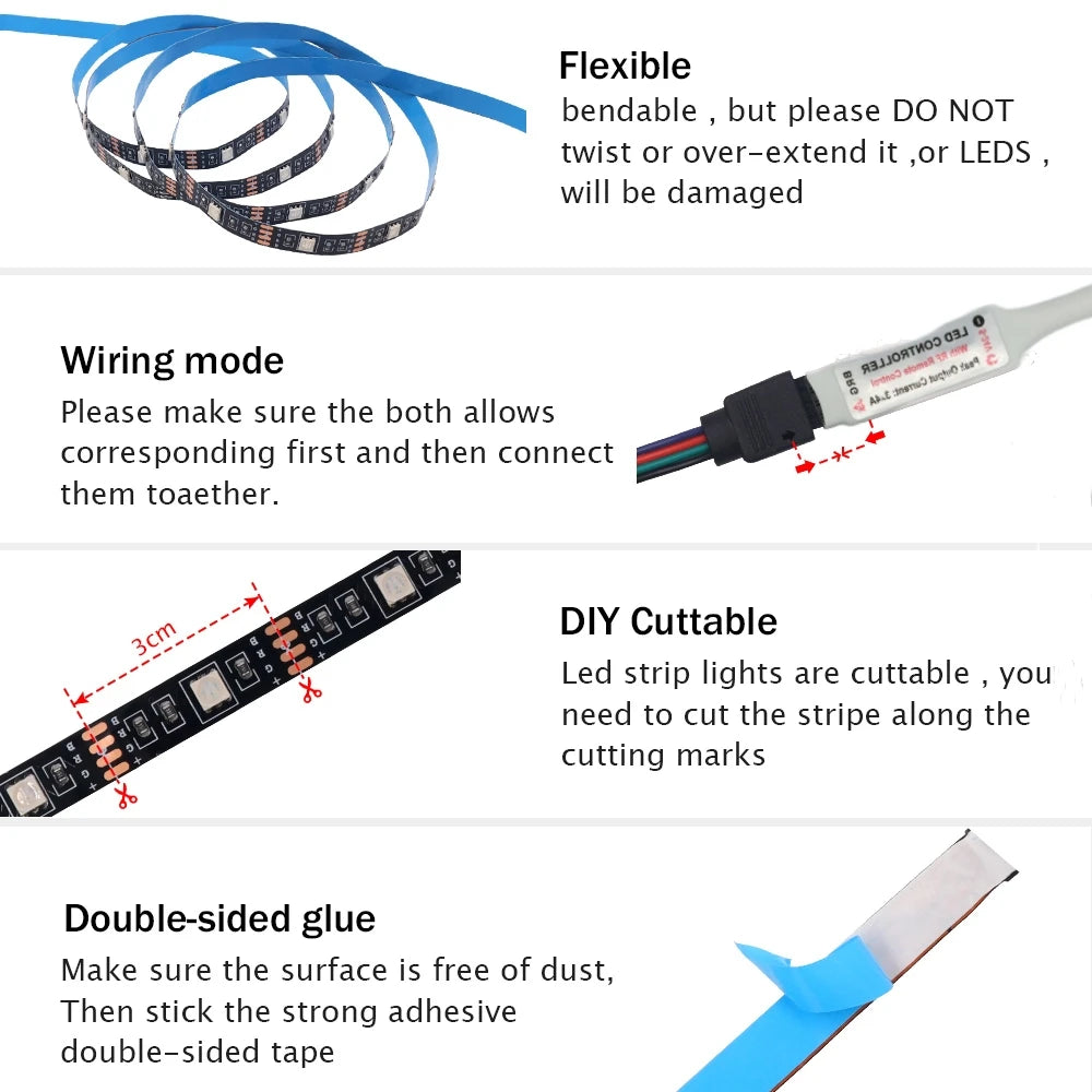 3AA Battery Powered LED Strip Lights 5050 RGB 1M 2M 3M 4M 5M Adhesive Tape Ribbon Lights Bluetooth TV Backlight Background Light