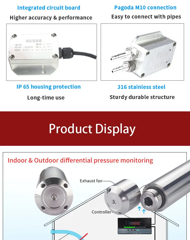 Digital Differential Pressure Transmitter 4-20mA 0-10V 0-5V RS485 Wind Air Pressure Sensor 0-50pa 0-100pa 0-200pa 0-2Kpa
