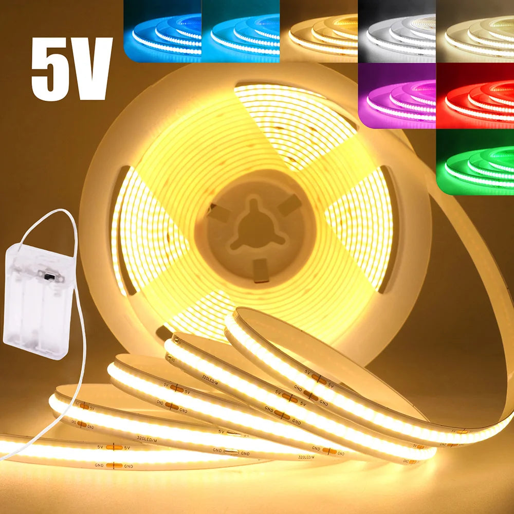 3mm 5mm PCB Battery Power COB LED Strip Light 5V Warm Natural White Blue Red Green Pink Tape 320LEDs 8mm High Density Flex Lamp