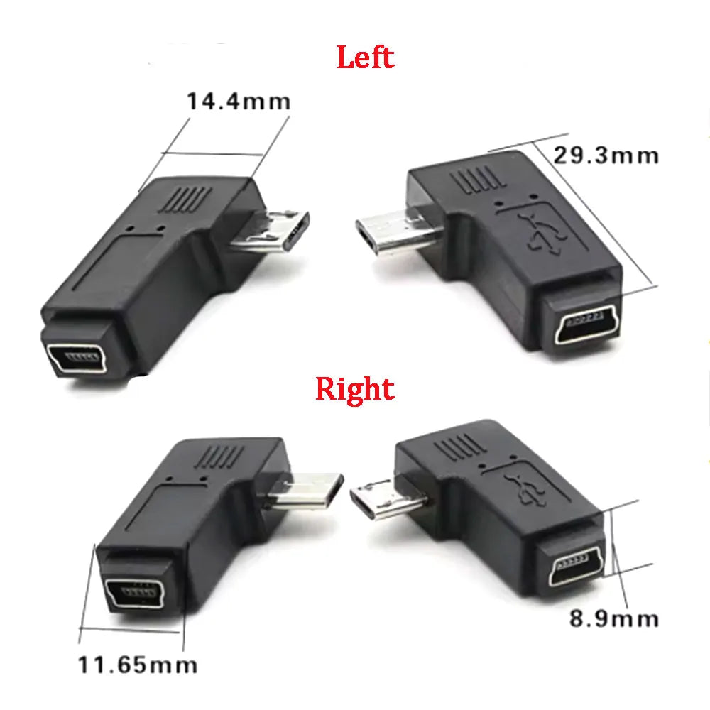 New Mini USB to Micro USB Adapter Plug 90 Degree Left&Right Angle Micro USB Male to Mini USB Female Type B Connector