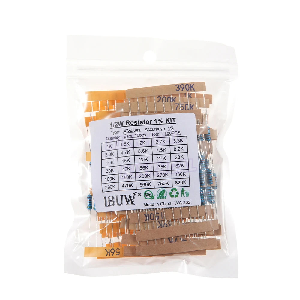 150PCS 300PCS 1/4W 1/2W 1W 2W 3W Resistance 1% Metal Film Resistor Assortment Kit Set 30Values Each 5/10PCS 1~750 1K~820K Ohm
