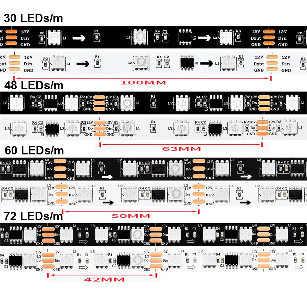 DC12V 24V WS2811 RGB LED Strip Individually Addressable 30/48/60/72/84 Leds/m Tape Light IP30/65/67 Waterproof Flexible Ribbon