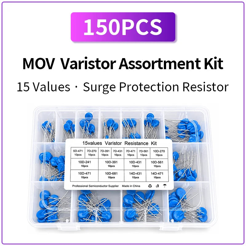 150PCS Varistor Assortment Kit 15 Values MOV Voltage Dependent Resistor 5D 7D 10D 14D Sample Box