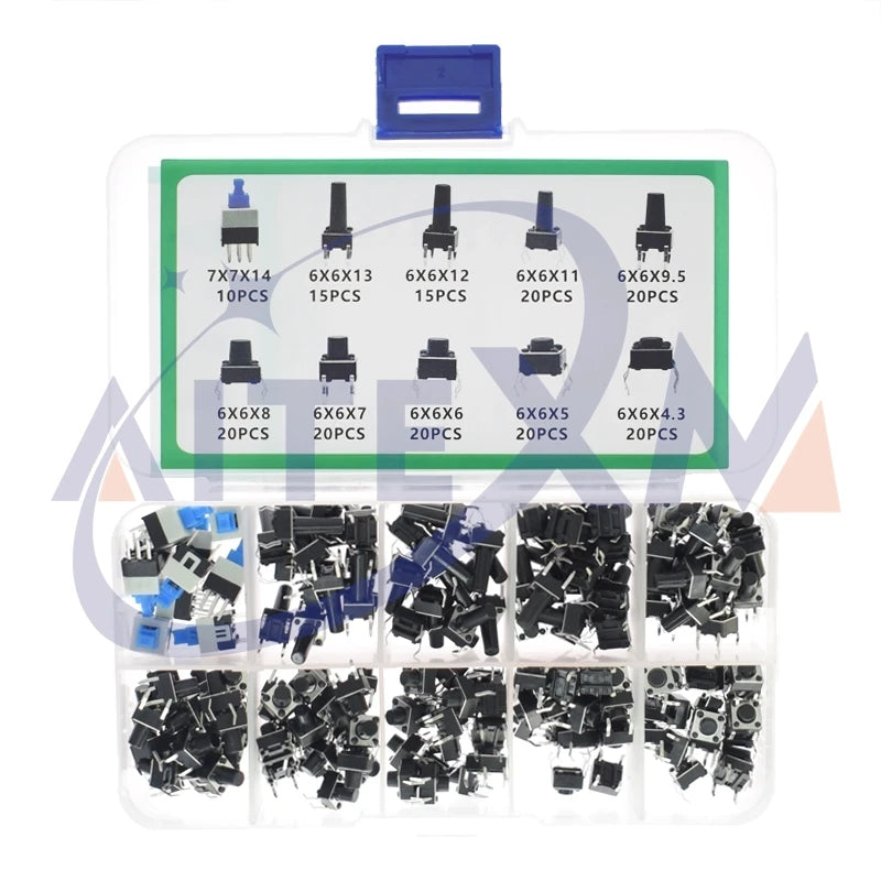 10 Values 180PCS Tactile Push Button Switch Mini Momentary Tact Assortment Kit DIY for Arduino Switch 6*6 4.3MM~13MM DIP 4P