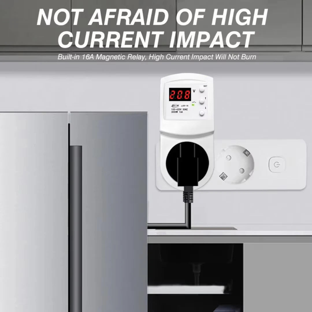 JJSV-16 Smart Plug 16A Voltage Protector for Refrigerator Freezer – Digital Over/Under Voltage Relay Surge Protector Socket